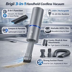 Brigii Mini Vacuum, Air Duster and Hand Pump 3 in 1, Small Cordless Handheld